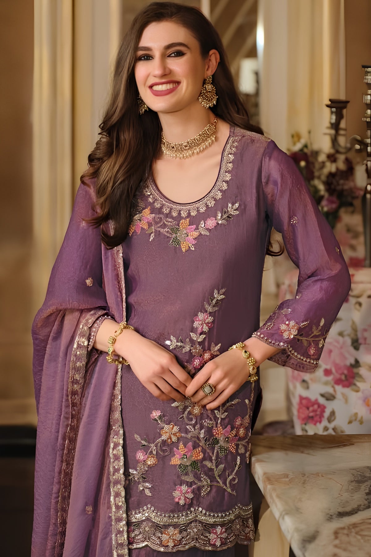 Captivating Mauve Designer Palazzo Suit with Embroidered Beads Work and Dupatta for Women