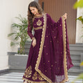 Regal Maroon Faux Georgette Embroidered Designer Gown with Thread Work and Dupatta