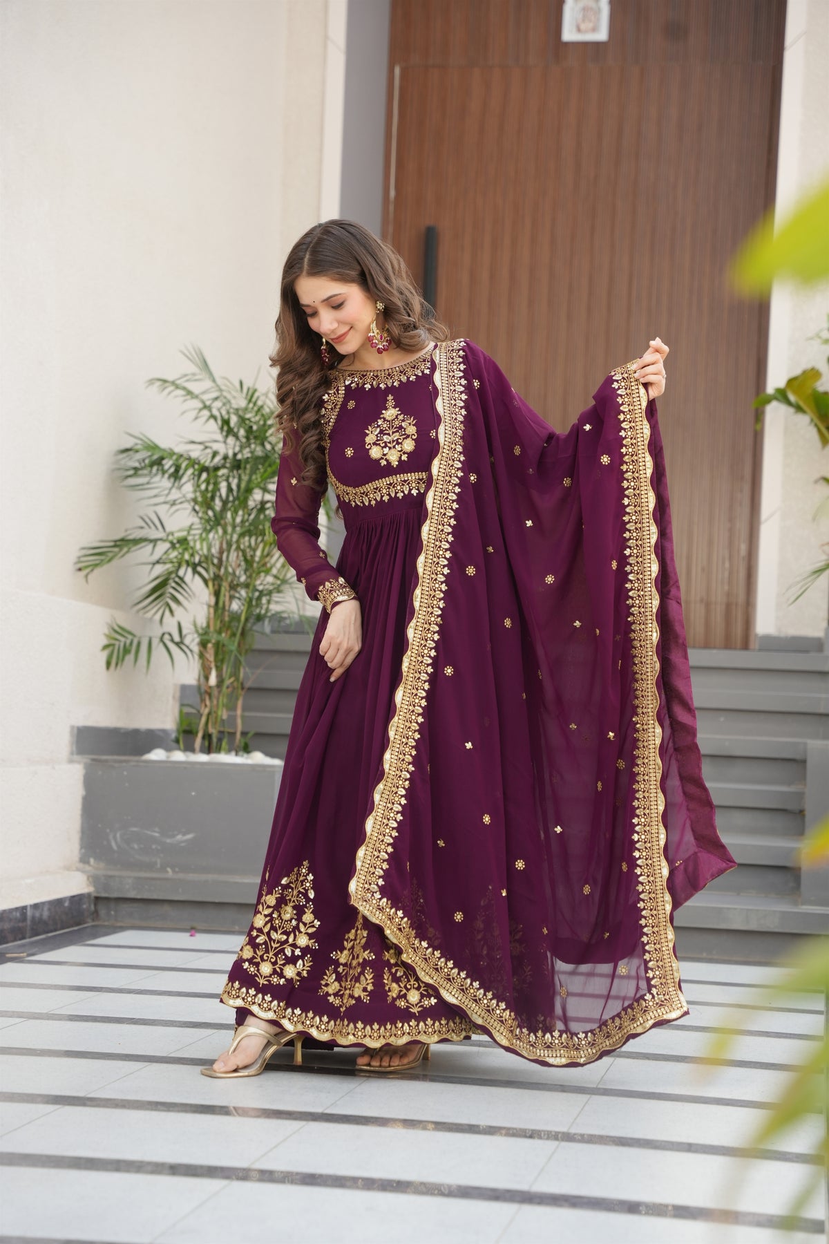 Regal Maroon Faux Georgette Embroidered Designer Gown with Thread Work and Dupatta