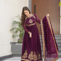 Regal Maroon Faux Georgette Embroidered Designer Gown with Thread Work and Dupatta