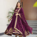 Regal Maroon Faux Georgette Embroidered Designer Gown with Thread Work and Dupatta