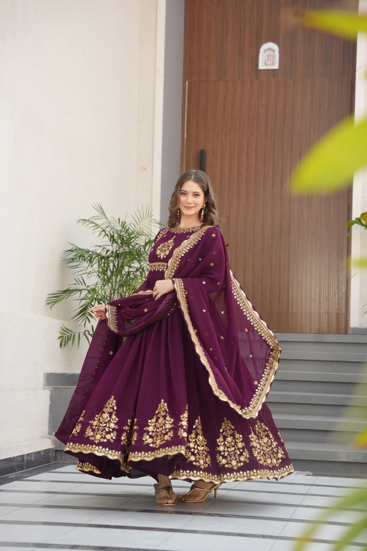 Regal Maroon Faux Georgette Embroidered Designer Gown with Thread Work and Dupatta