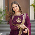 Regal Maroon Faux Georgette Embroidered Designer Gown with Thread Work and Dupatta