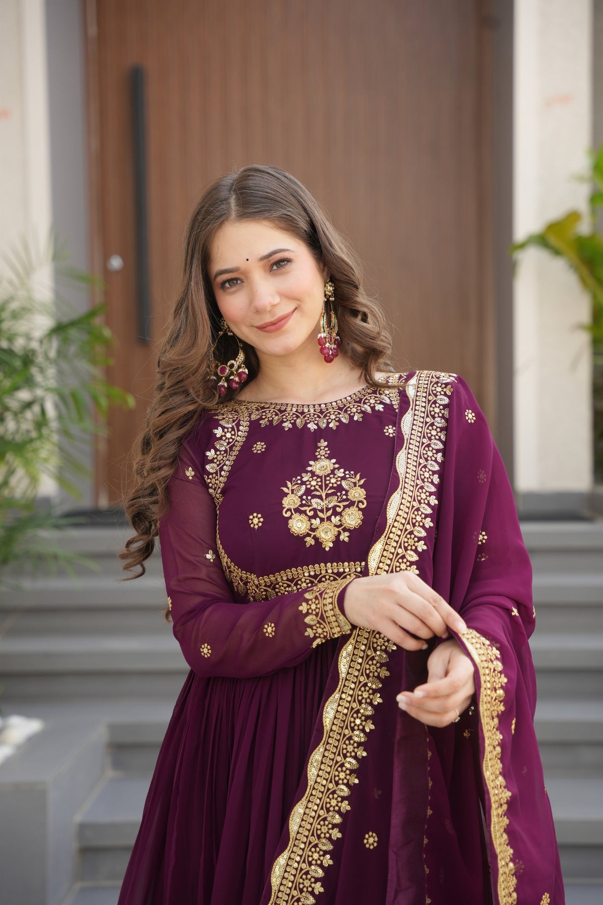 Regal Maroon Faux Georgette Embroidered Designer Gown with Thread Work and Dupatta