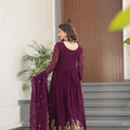 Regal Maroon Faux Georgette Embroidered Designer Gown with Thread Work and Dupatta