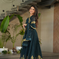 Majestic Rama Green Embroidered Designer Gown with Golden Thread Work and Dupatta