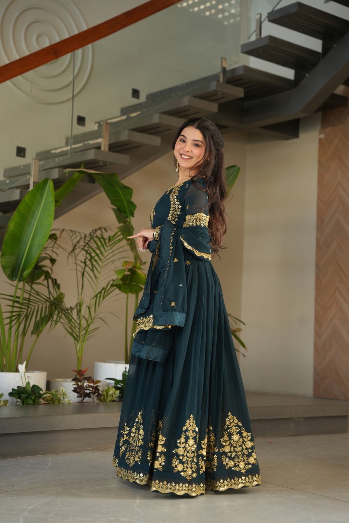 Majestic Rama Green Embroidered Designer Gown with Golden Thread Work and Dupatta