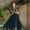 Majestic Rama Green Embroidered Designer Gown with Golden Thread Work and Dupatta