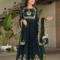 Majestic Rama Green Embroidered Designer Gown with Golden Thread Work and Dupatta
