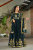 Majestic Rama Green Embroidered Designer Gown with Golden Thread Work and Dupatta