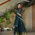 Majestic Rama Green Embroidered Designer Gown with Golden Thread Work and Dupatta