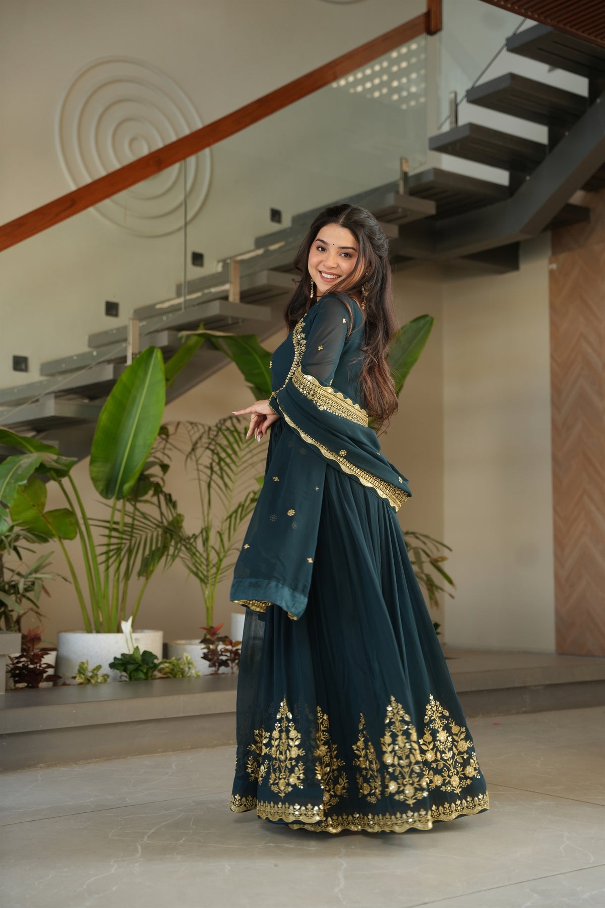 Majestic Rama Green Embroidered Designer Gown with Golden Thread Work and Dupatta