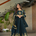 Majestic Rama Green Embroidered Designer Gown with Golden Thread Work and Dupatta