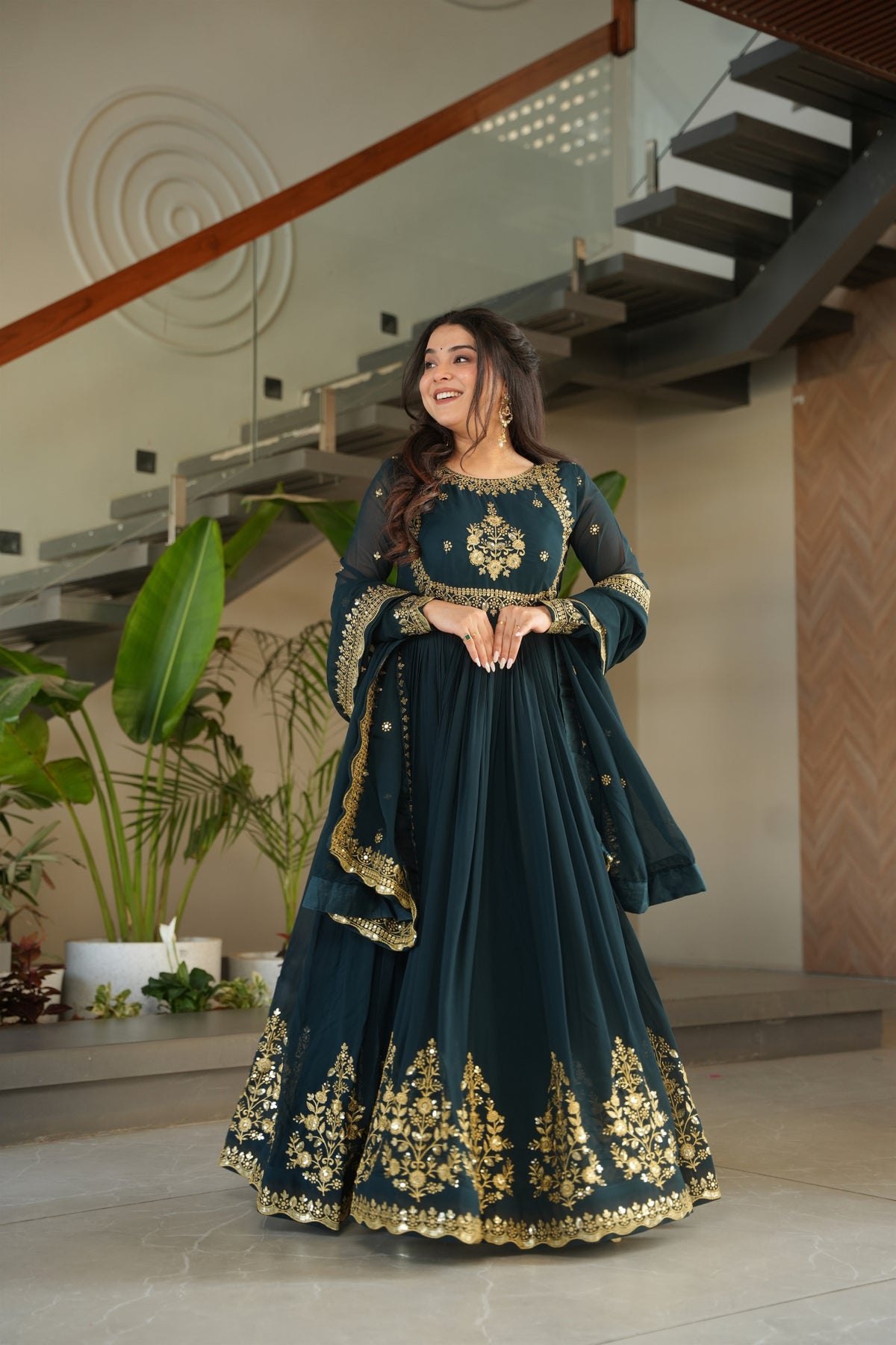 Majestic Rama Green Embroidered Designer Gown with Golden Thread Work and Dupatta