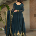 Majestic Rama Green Embroidered Designer Gown with Golden Thread Work and Dupatta