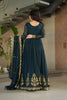 Majestic Rama Green Embroidered Designer Gown with Golden Thread Work and Dupatta