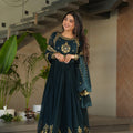 Majestic Rama Green Embroidered Designer Gown with Golden Thread Work and Dupatta
