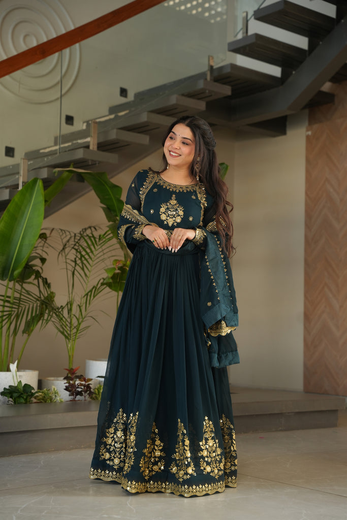 Majestic Rama Green Embroidered Designer Gown with Golden Thread Work and Dupatta