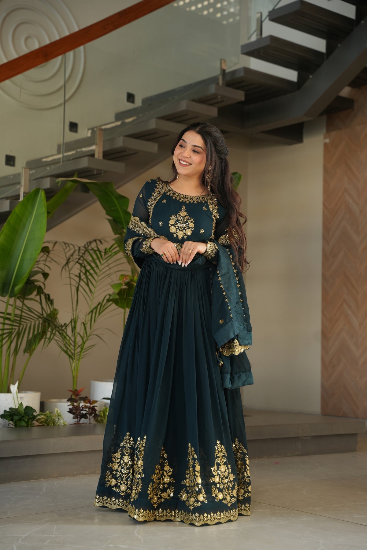 Majestic Rama Green Embroidered Designer Gown with Golden Thread Work and Dupatta