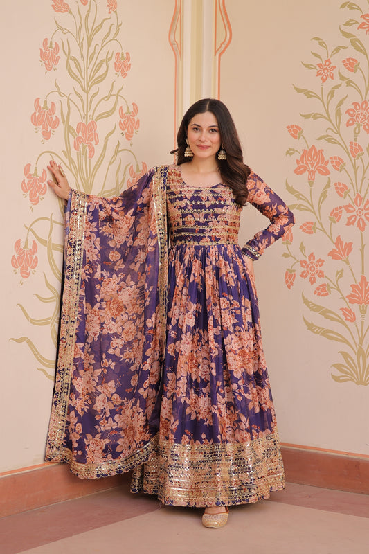 Regal Purple Russian Silk Digital Printed Festival Wear Gown with Dupatta for Women