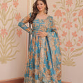 Exquisite Teal Blue Russian Silk Digital Printed Festival Wear Gown with Dupatta