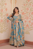 Exquisite Teal Blue Russian Silk Digital Printed Festival Wear Gown with Dupatta