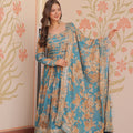 Exquisite Teal Blue Russian Silk Digital Printed Festival Wear Gown with Dupatta