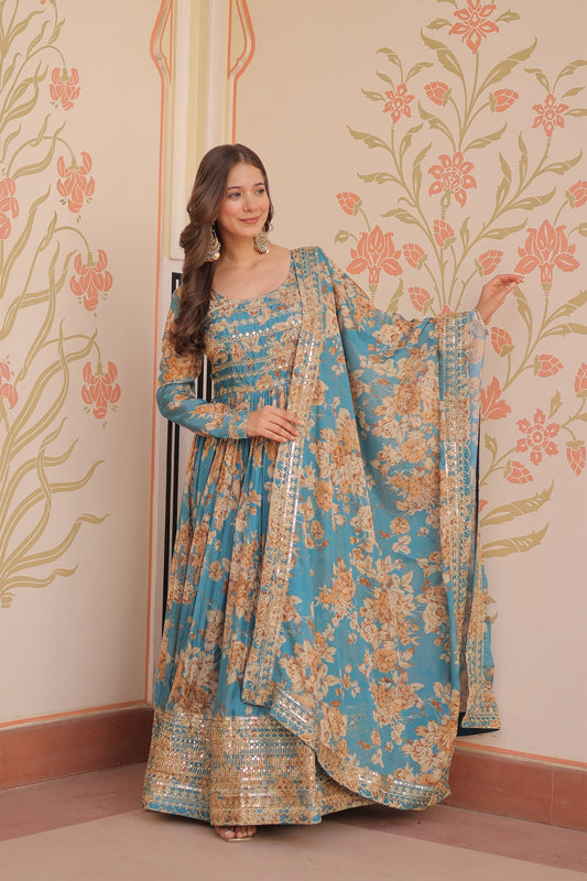 Exquisite Teal Blue Russian Silk Digital Printed Festival Wear Gown with Dupatta