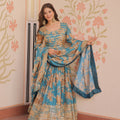 Exquisite Teal Blue Russian Silk Digital Printed Festival Wear Gown with Dupatta