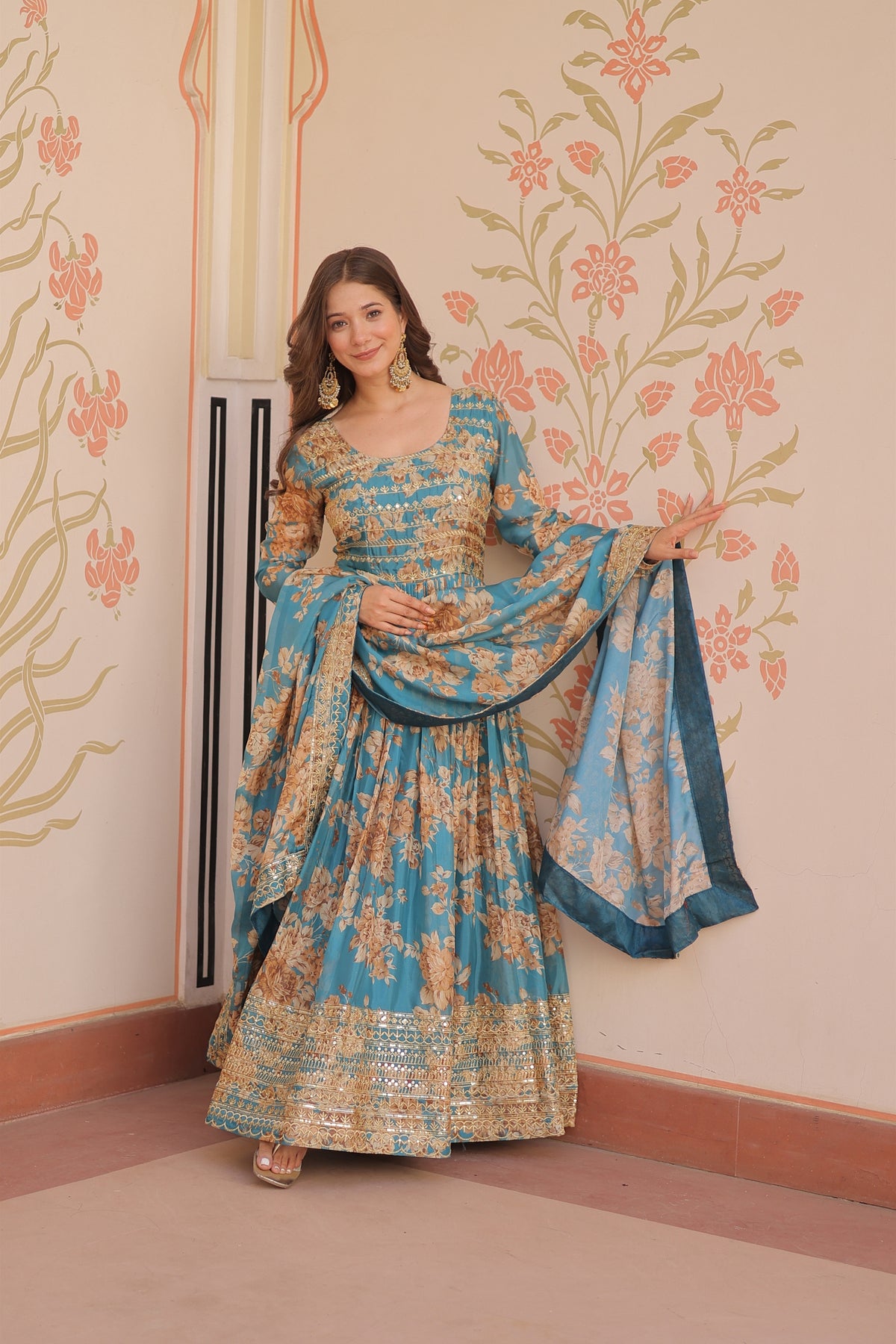 Exquisite Teal Blue Russian Silk Digital Printed Festival Wear Gown with Dupatta