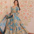Exquisite Teal Blue Russian Silk Digital Printed Festival Wear Gown with Dupatta