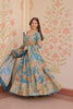 Exquisite Teal Blue Russian Silk Digital Printed Festival Wear Gown with Dupatta