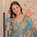 Exquisite Teal Blue Russian Silk Digital Printed Festival Wear Gown with Dupatta