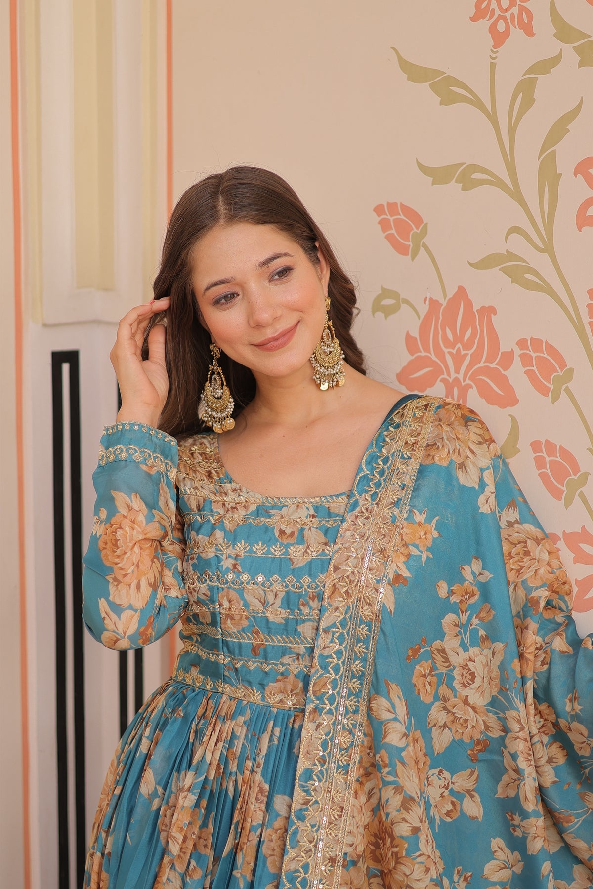 Exquisite Teal Blue Russian Silk Digital Printed Festival Wear Gown with Dupatta