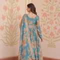 Exquisite Teal Blue Russian Silk Digital Printed Festival Wear Gown with Dupatta