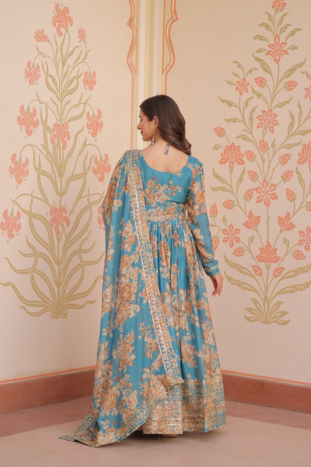 Exquisite Teal Blue Russian Silk Digital Printed Festival Wear Gown with Dupatta