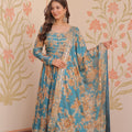 Exquisite Teal Blue Russian Silk Digital Printed Festival Wear Gown with Dupatta