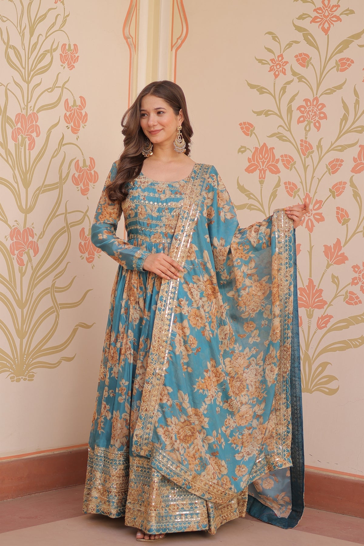 Exquisite Teal Blue Russian Silk Digital Printed Festival Wear Gown with Dupatta