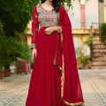 Exquisite Maroon Faux Georgette Designer Gown with Multi Thread Work and Dupatta