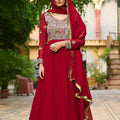 Exquisite Maroon Faux Georgette Designer Gown with Multi Thread Work and Dupatta