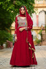 Exquisite Maroon Faux Georgette Designer Gown with Multi Thread Work and Dupatta
