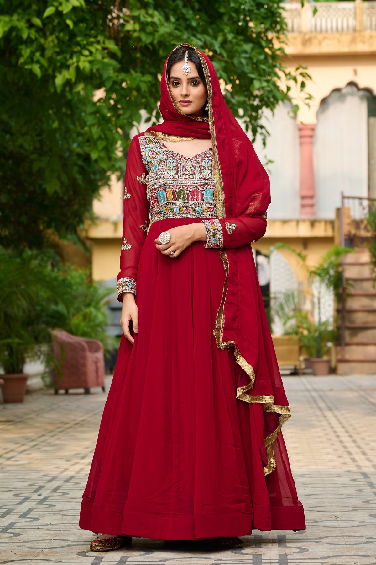 Exquisite Maroon Faux Georgette Designer Gown with Multi Thread Work and Dupatta