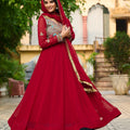 Exquisite Maroon Faux Georgette Designer Gown with Multi Thread Work and Dupatta