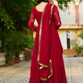 Exquisite Maroon Faux Georgette Designer Gown with Multi Thread Work and Dupatta