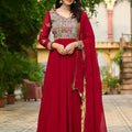 Exquisite Maroon Faux Georgette Designer Gown with Multi Thread Work and Dupatta