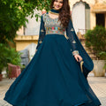 Majestic Teal Blue Faux Georgette Designer Gown with Multi Thread Work and Dupatta