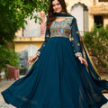 Majestic Teal Blue Faux Georgette Designer Gown with Multi Thread Work and Dupatta