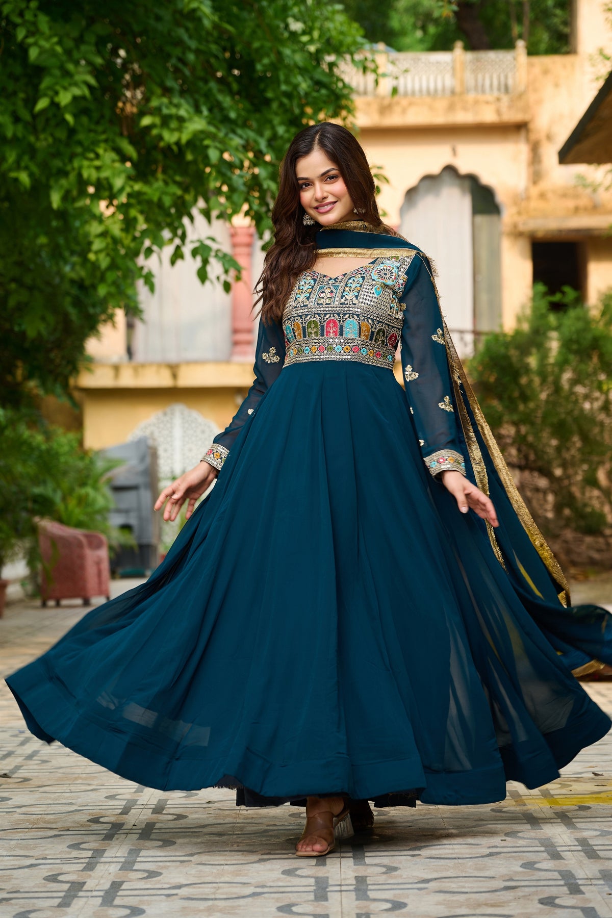 Majestic Teal Blue Faux Georgette Designer Gown with Multi Thread Work and Dupatta