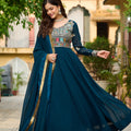 Majestic Teal Blue Faux Georgette Designer Gown with Multi Thread Work and Dupatta