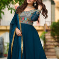 Majestic Teal Blue Faux Georgette Designer Gown with Multi Thread Work and Dupatta